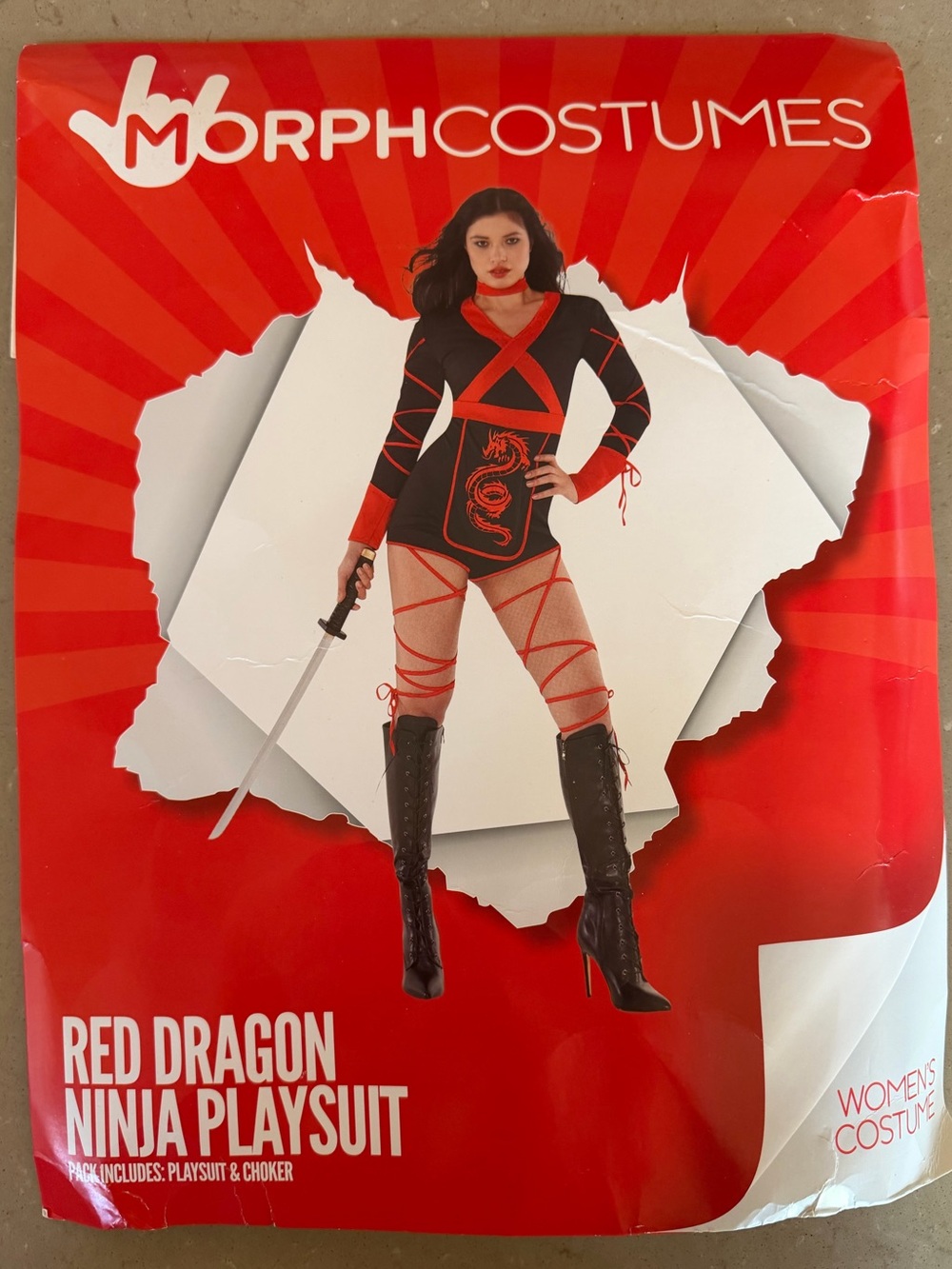MorphCostumes Red Dragon Ninja Playsuit Mask Choker - Halloween Costume - Small